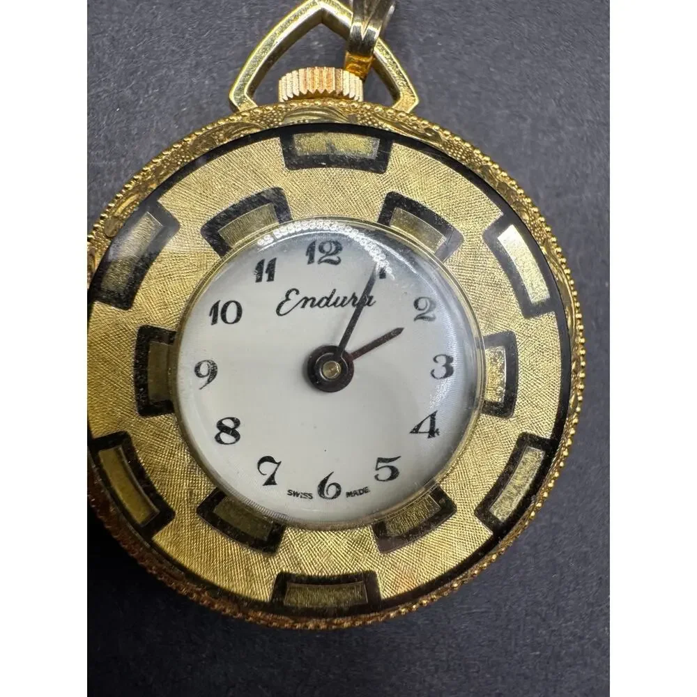 Vintage Endura Pendant Pocket Watch With Black Accent Swiss Made White Dial